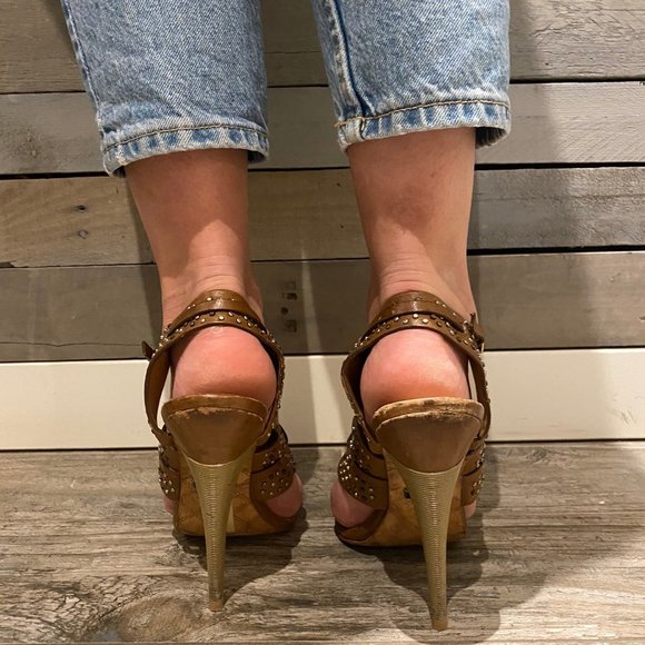 L.A.M.B. Caged + Studded Sandal Heel in Brown - Picture 2 of 6